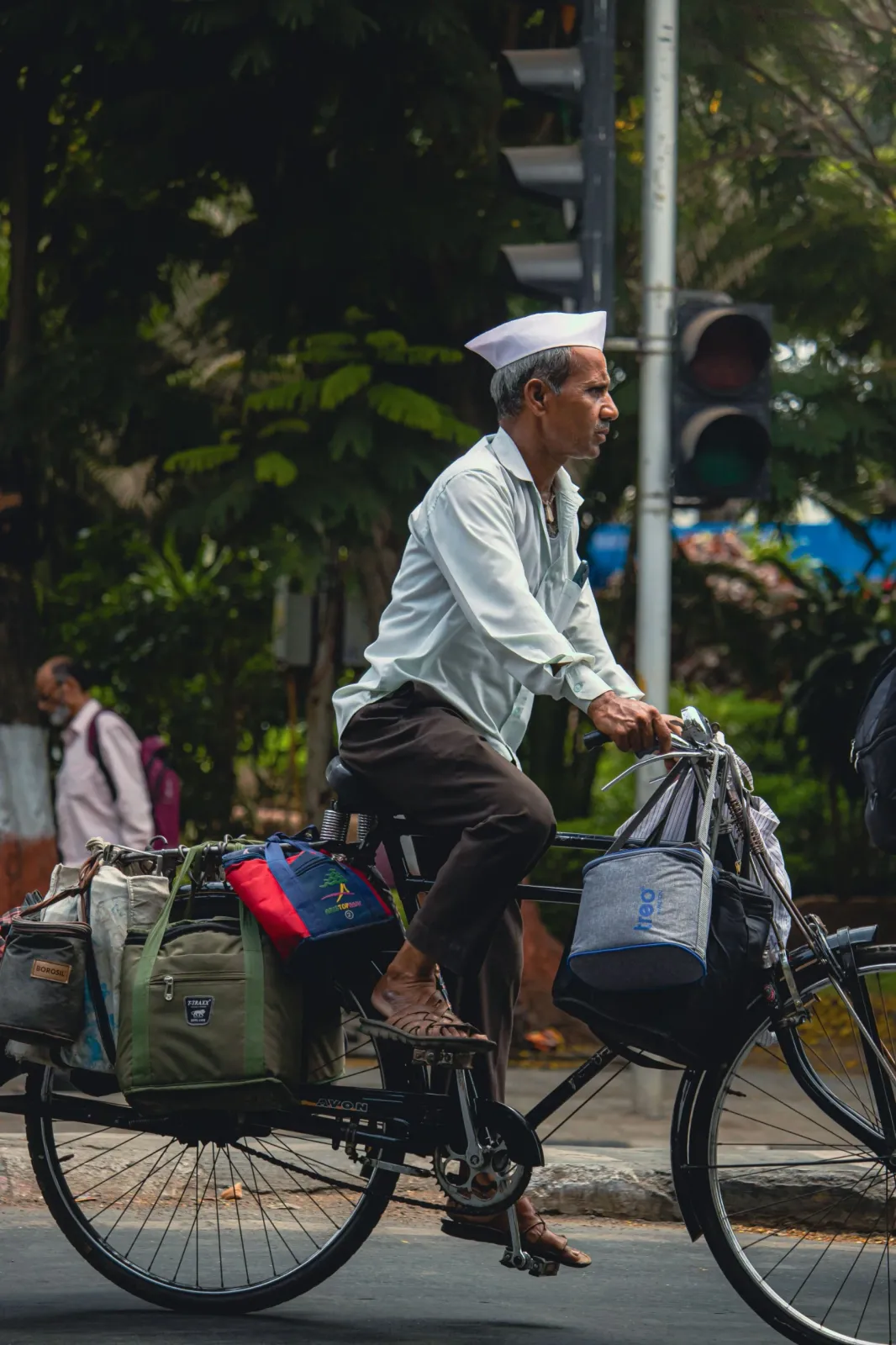 A dabbawala with tiffin boxes in Mumbai