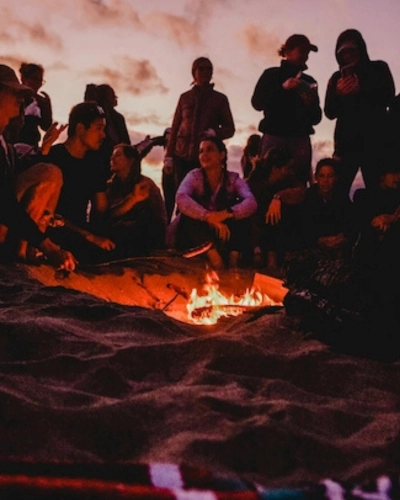Small group listening to a guide in the mountains